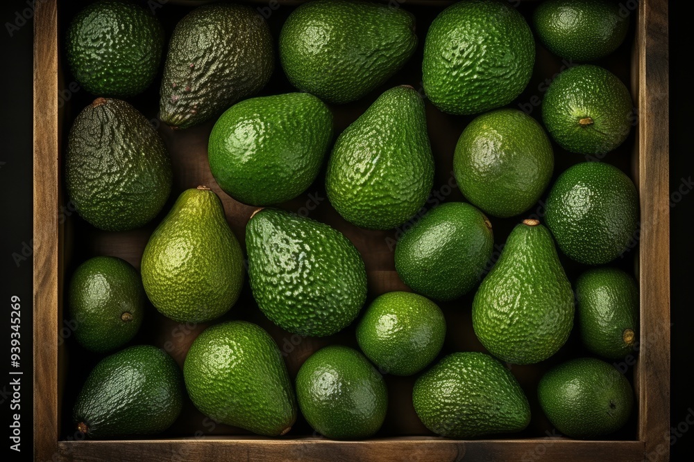 Top view of a rustic wooden crate overflowing with fresh, ripe avocados ready for culinary use Top view of a rustic wooden crate overflowing with fresh, ripe avocados ready for culinary use