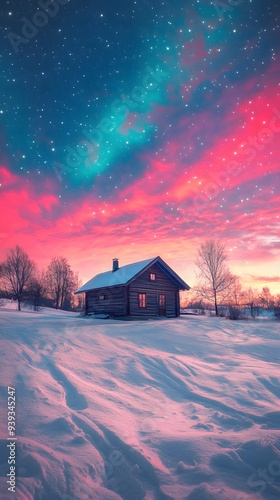 Gorgeous Sky with Aurora, Snowy House, and Colorful Sunset photo