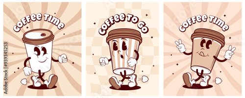 cartoon poster set with a fun character of a cup of coffee with different emotions