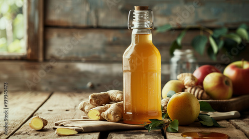 a bottle of homemade switchel, with fresh ginger, apple cider vinegar, and honey on a rustic kitchen table photo