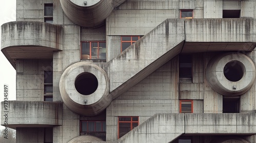 Brutalist Architecture Building with Circular and Angular Concrete Elements photo