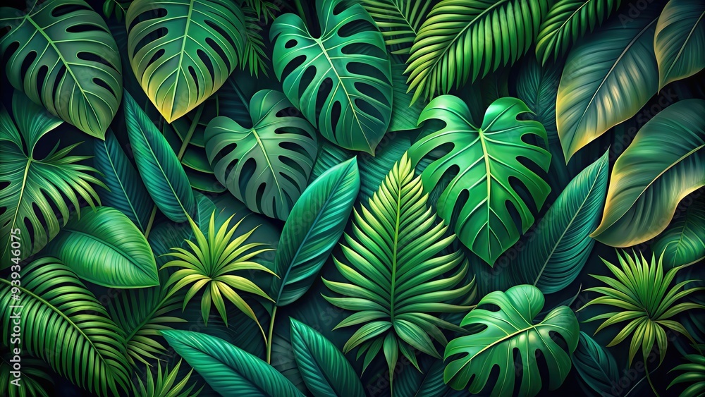 Vibrant dark green tropical leaves overlap to create a lush, textured background, evoking the essence of a dense jungle or exotic rainforest environment, perfect for summer designs. Vibrant dark green tropical leaves overlap to create a lush, textured background, evoking the essence of a dense jungle or exotic rainforest environment, perfect for summer designs.