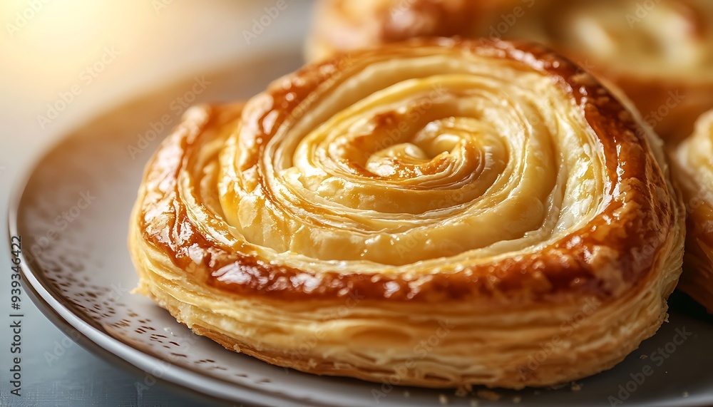 Close-Up of a Danish Pastry on a Plate, Warm Ambient Light Close-Up of a Danish Pastry on a Plate, Warm Ambient Light
