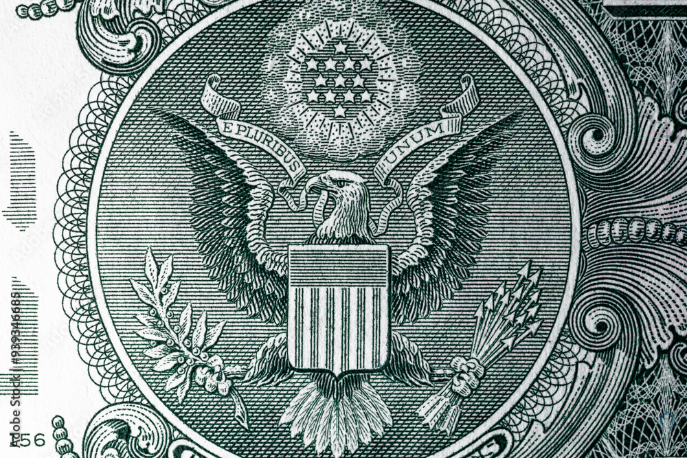 Eagle on the back of the dollar bill. United States national currency banknote fragment Eagle on the back of the dollar bill. United States national currency banknote fragment