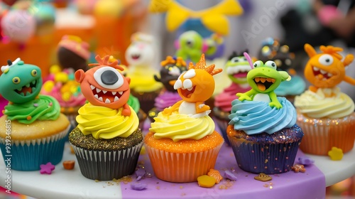 A playful arrangements of cupcakes decorated with edible glitter and miniature fondant figurines, appealing to both children and adults.