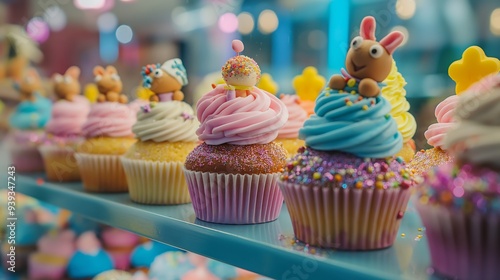 A playful arrangements of cupcakes decorated with edible glitter and miniature fondant figurines, appealing to both children and adults.