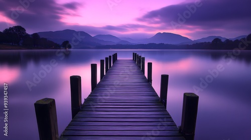 Beautiful Jetty on Lake with Purple Sky and Distant Mountains