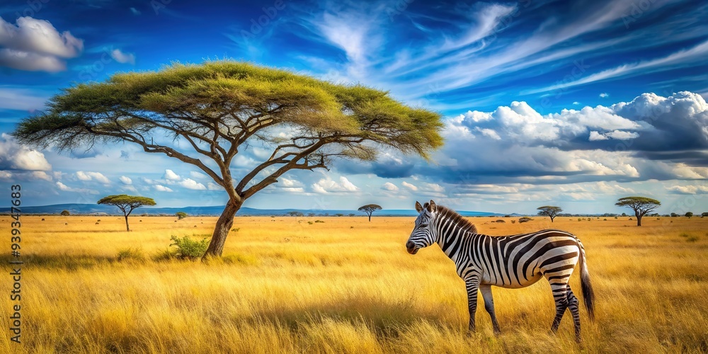 Naklejka premium Majestic zebra roaming freely in the breathtaking Serengeti savanna, surrounded by Acacia trees, under the vibrant blue sky of Tanzania's iconic national park.