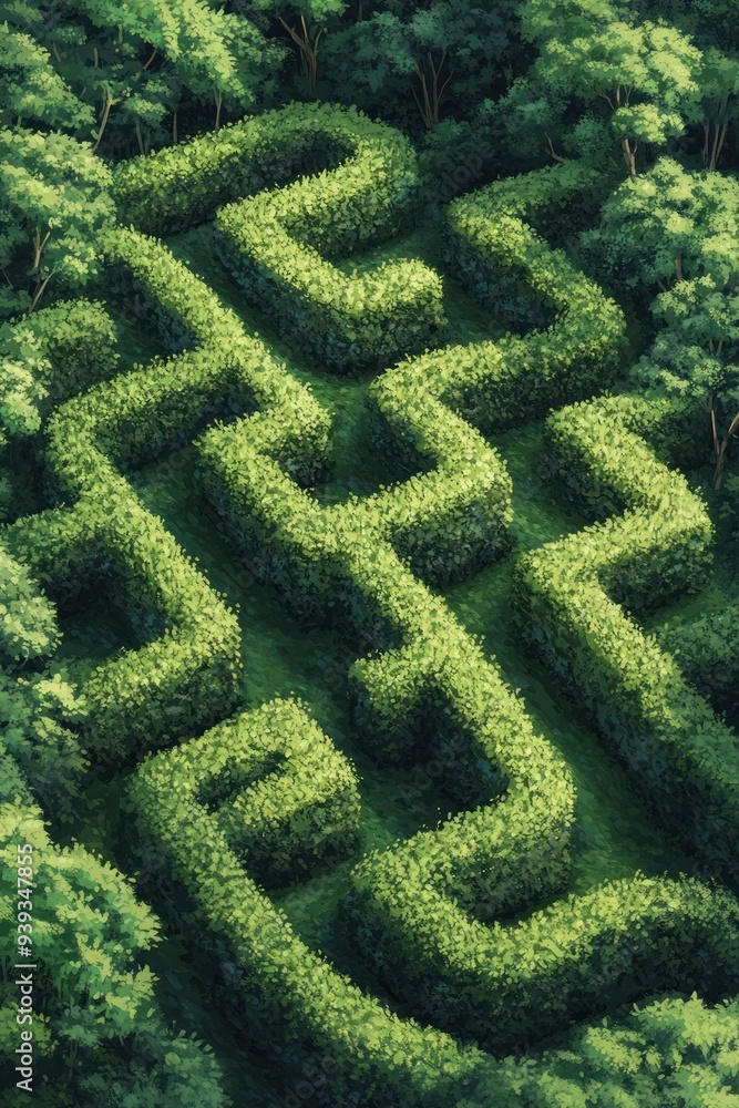 Curved Hedge Maze in Forest - Aerial view of a green hedge maze with smooth, curved paths surrounded by dense forest, offering a natural and peaceful atmosphere. Curved Hedge Maze in Forest - Aerial view of a green hedge maze with smooth, curved paths surrounded by dense forest, offering a natural and peaceful atmosphere.