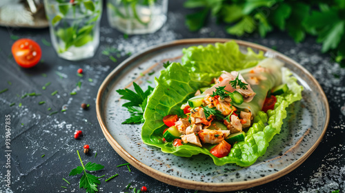 a turkey lettuce wrap, filled with diced vegetables and a light dressing, served on a ceramic plate with a side of infused water and fresh herbs photo