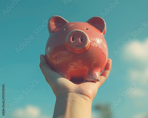 Piggy Bank Against Blue Sky. A hand holds up a pink piggy bank against a blue sky with white clouds. This image symbolizes saving money, financial security, and reaching financial goals.