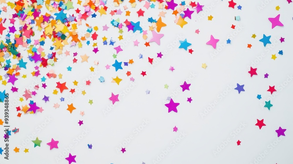 Colorful star-shaped confetti scattered on a white background, ideal for celebrations. Colorful star-shaped confetti scattered on a white background, ideal for celebrations.