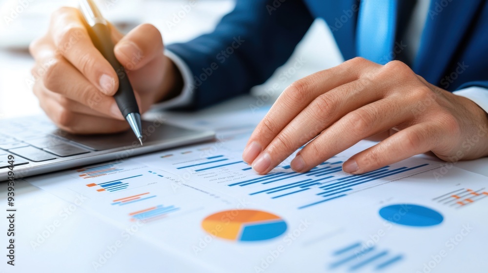 Business Analyst at Work: Close-up shot of a business professional analyzing financial data, meticulously reviewing charts and graphs with a pen in hand, showcasing their dedication and focus. Business Analyst at Work: Close-up shot of a business professional analyzing financial data, meticulously reviewing charts and graphs with a pen in hand, showcasing their dedication and focus.