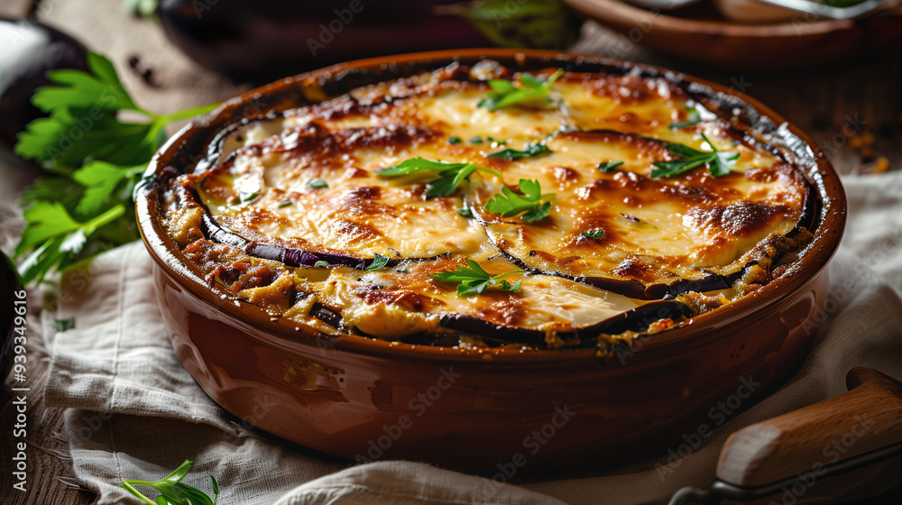 Greek moussaka, featuring layers of eggplant, ground beef, and béchamel sauce, garnished with fresh parsley, served in a rustic clay dish on a linen-covered table Greek moussaka, featuring layers of eggplant, ground beef, and béchamel sauce, garnished with fresh parsley, served in a rustic clay dish on a linen-covered table