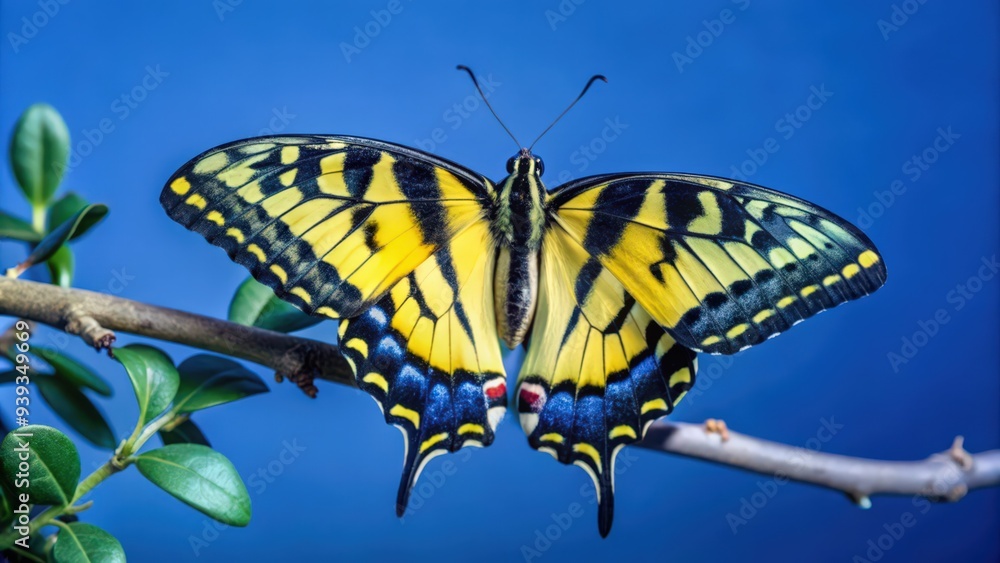 Obraz premium A Yellow and Black Swallowtail Butterfly Perched on a Twig