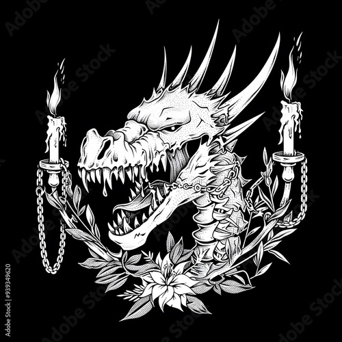 Dragon head angry chain and candles black and white illustration photo