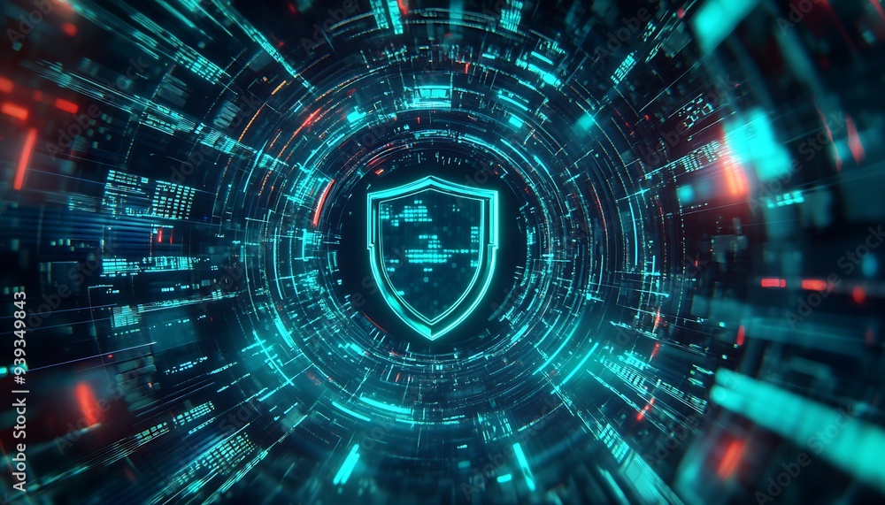 Futuristic Graphic of a Shield Icon Surrounded by Data Streams, Cybersecurity Concept Futuristic Graphic of a Shield Icon Surrounded by Data Streams, Cybersecurity Concept