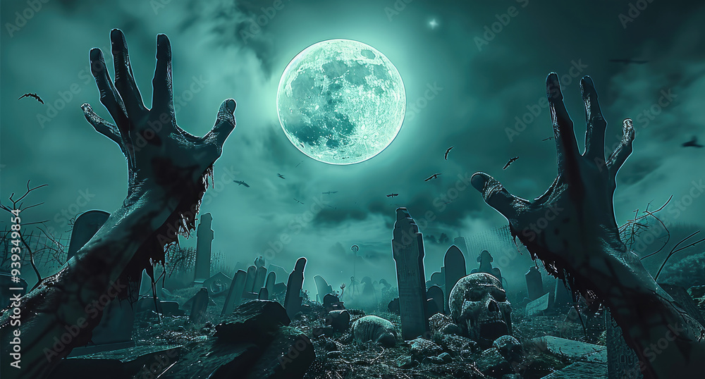 Three zombie hands reaching out from the ground, a full moon in the background, a dark graveyard with undead creatures around, a creepy and spooky atmosphere, a horror concept. Generative AI.