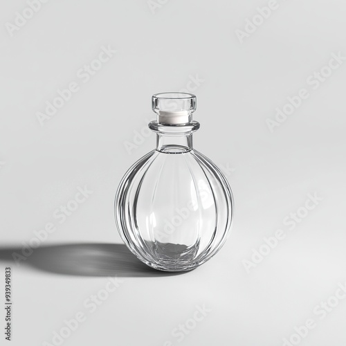 Empty clear glass bottle with a cork stopper, isolated on a white background. photo