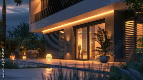 This modern house is adorned with elegant glowing accents and surrounded by a lush garden, perfectly captured during the evening.