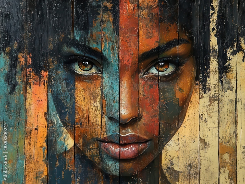 abstract portrait on wood vibrant brushstrokes forming human features organic textures earthy color palette blend of realism and expressionism abstract portrait on wood vibrant brushstrokes forming human features organic textures earthy color palette blend of realism and expressionism
