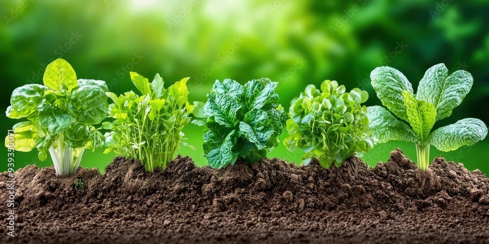 Fresh green vegetables growing in soil, showcasing healthy plant life in a vibrant garden background. Fresh green vegetables growing in soil, showcasing healthy plant life in a vibrant garden background.