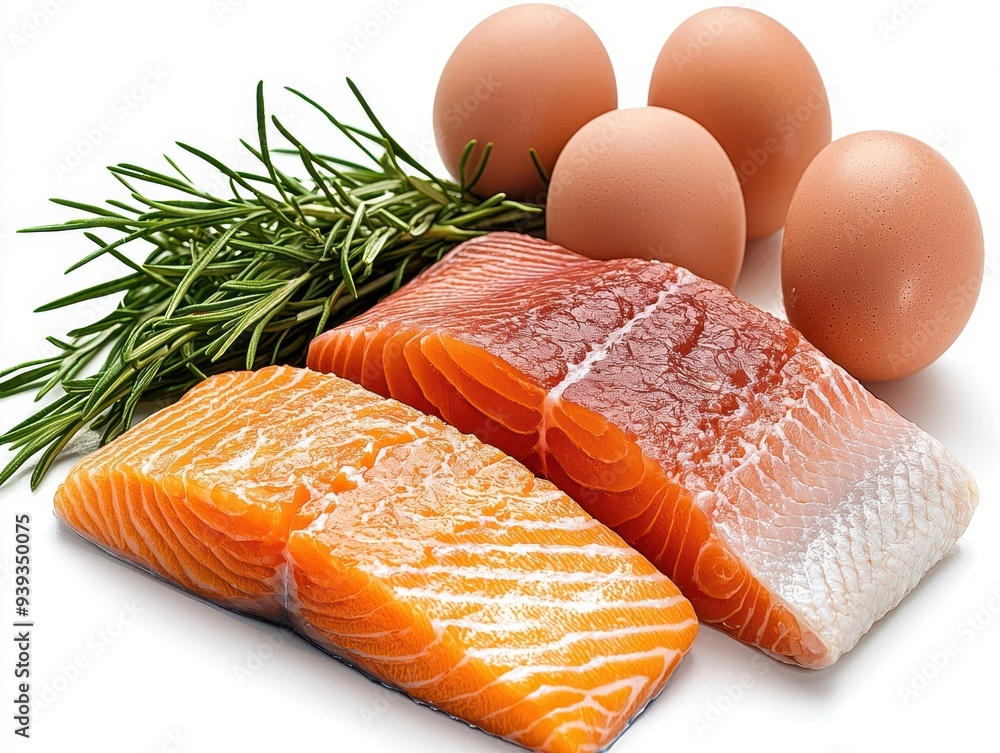 Fresh salmon fillets paired with organic eggs and aromatic rosemary for a healthy meal option. Fresh salmon fillets paired with organic eggs and aromatic rosemary for a healthy meal option.