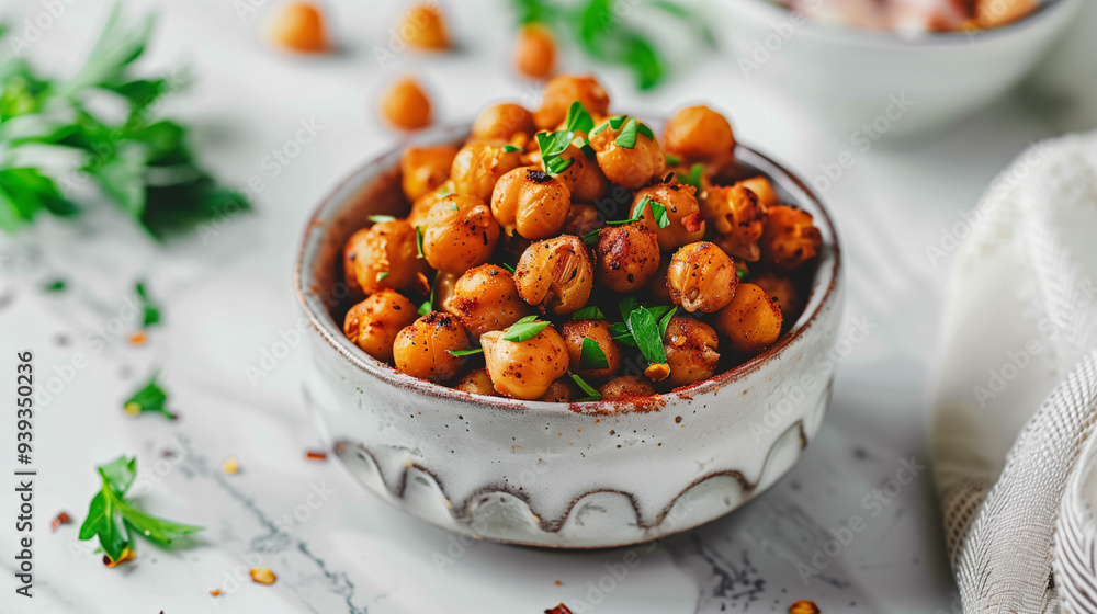 roasted chickpeas, seasoned with paprika and garlic, served in a small ceramic bowl with fresh herbs sprinkled around, set on a marble countertop roasted chickpeas, seasoned with paprika and garlic, served in a small ceramic bowl with fresh herbs sprinkled around, set on a marble countertop