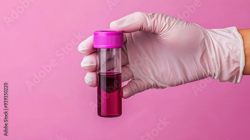 Hand holding a laboratory test tube with pink cap and red liquid, symbolizing medical testing and health analysis.