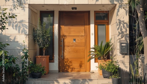 A front entrance of a modern home featuring wooden and stone elements, potted plants, steps, and a mailbox creating a welcoming feel.