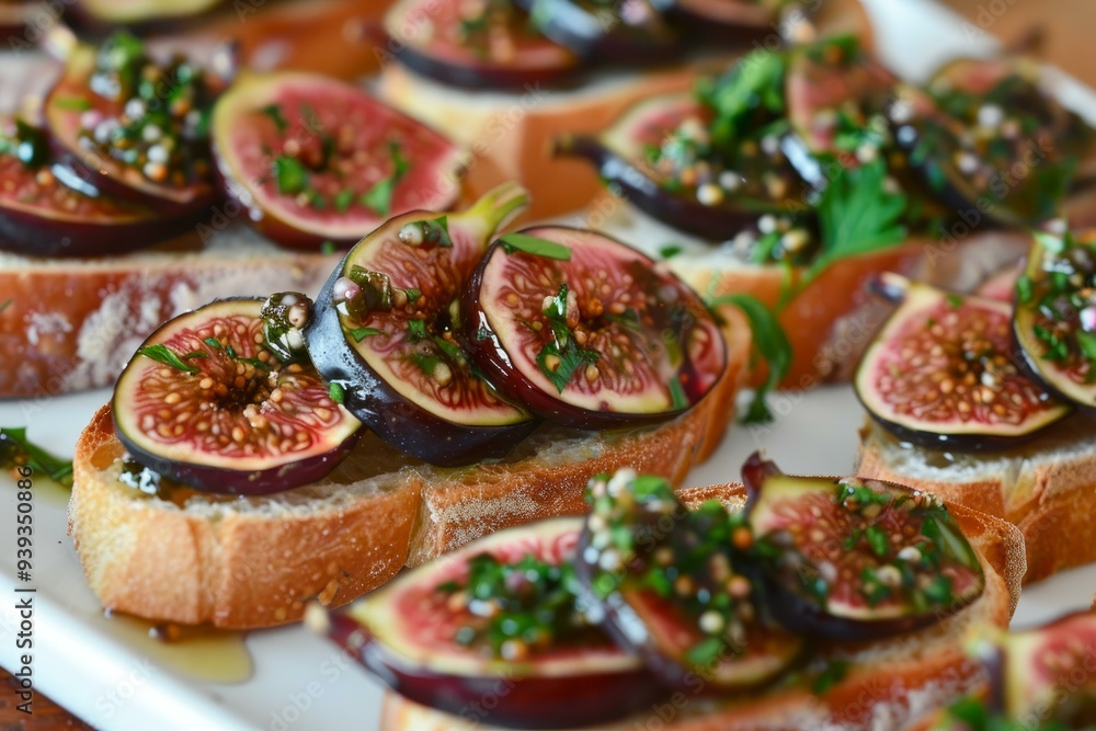 Delicious bruschetta with figs, balsamic glaze and herbs being prepared on a white plate Delicious bruschetta with figs, balsamic glaze and herbs being prepared on a white plate