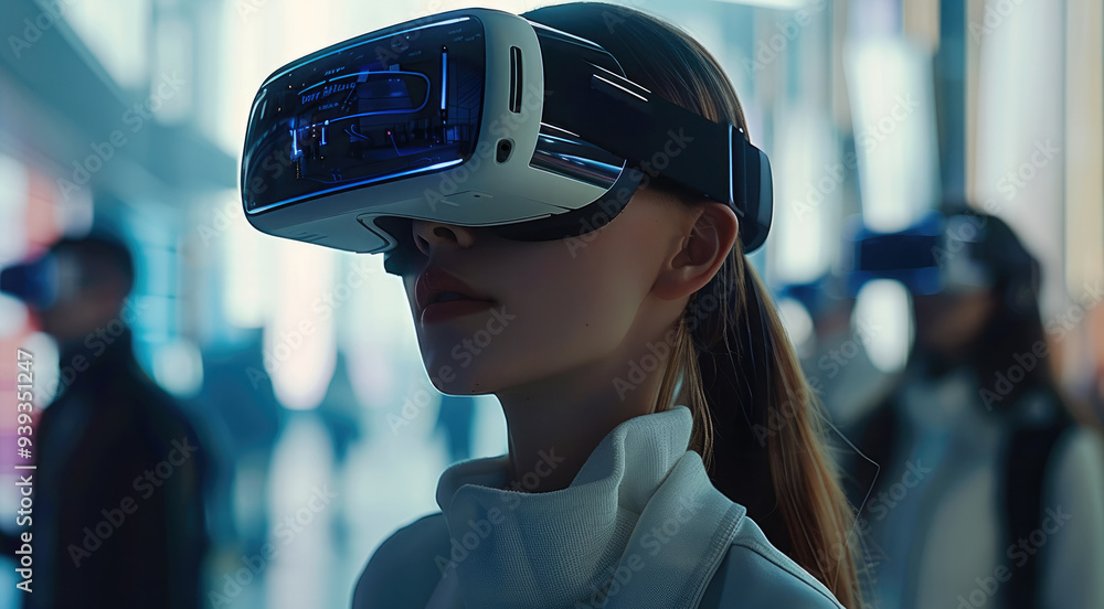 People wearing VR glasses in the background is a futuristic scene full of technology. Generative AI. People wearing VR glasses in the background is a futuristic scene full of technology. Generative AI.