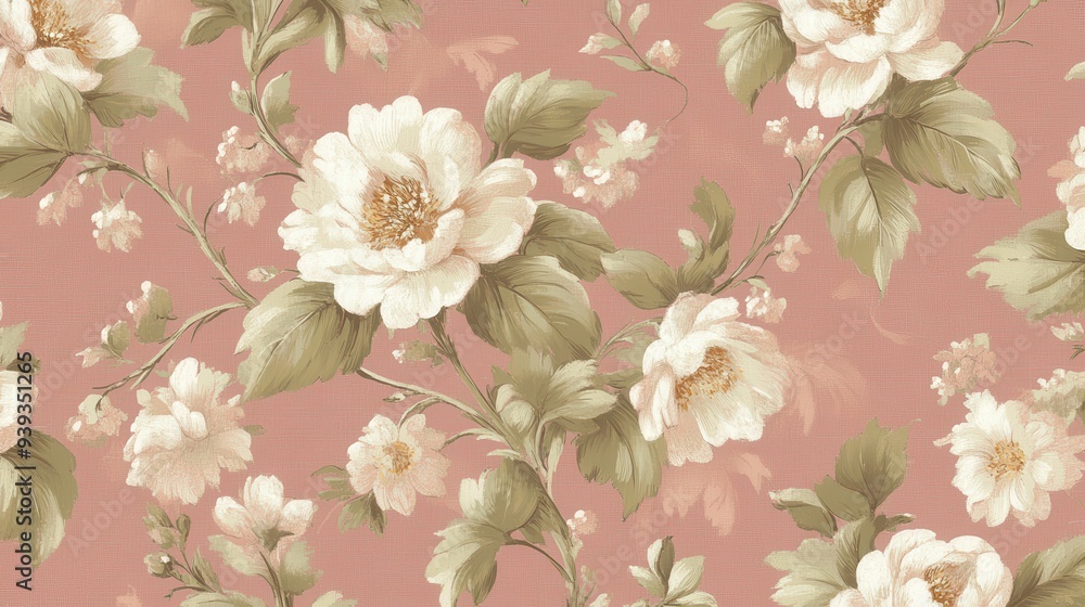 Floral pattern featuring large white flowers on a soft pink background. Floral pattern featuring large white flowers on a soft pink background.