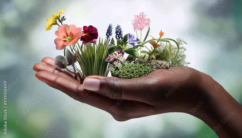 Garden of flowers and plants in the palm of the hand. earth day poster background Garden of flowers and plants in the palm of the hand. earth day poster background