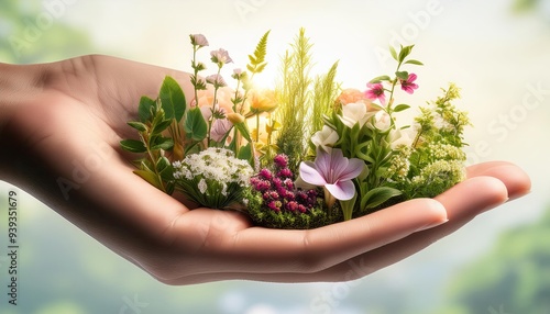 Garden of flowers and plants in the palm of the hand. earth day poster background