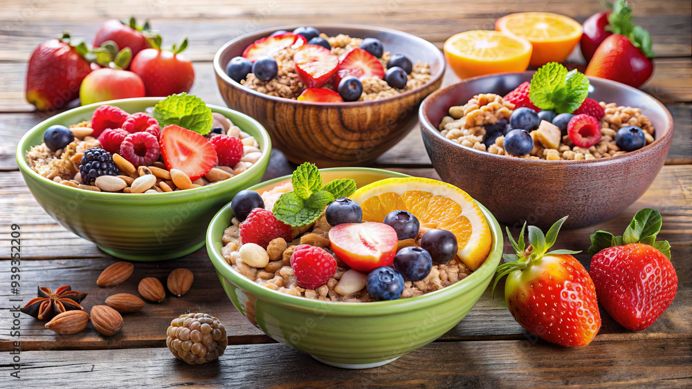 Various bowls filled with fresh berries, nuts, and granola are displayed on a wooden table, creating a vibrant and healthy breakfast setting Various bowls filled with fresh berries, nuts, and granola are displayed on a wooden table, creating a vibrant and healthy breakfast setting