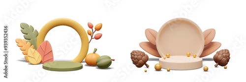 Set of autumn podiums in cartoon 3D style. Scenes with decorative cones, leaves, pumpkins