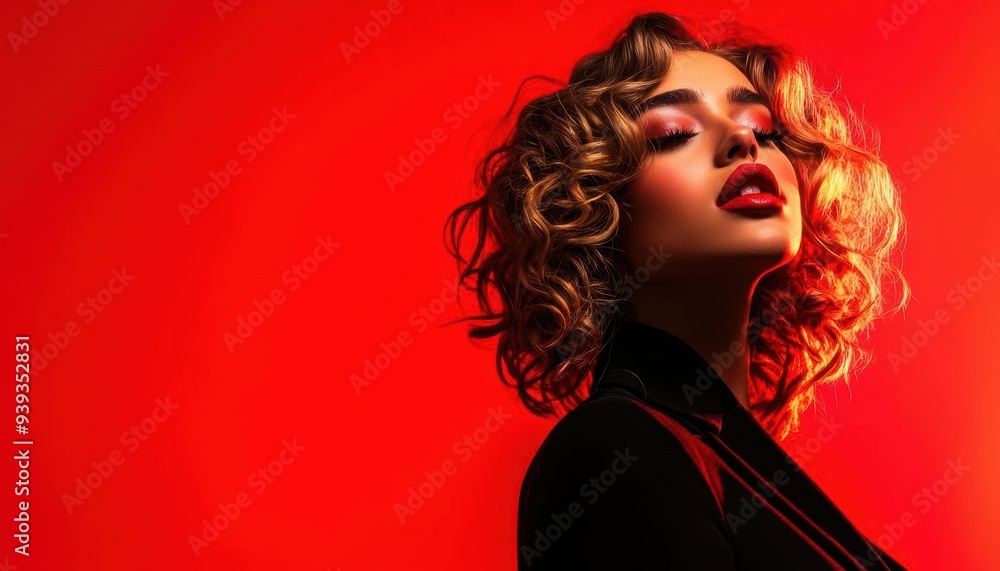 Close-up portrait of a beautiful young woman with curly hair against a red background Close-up portrait of a beautiful young woman with curly hair against a red background