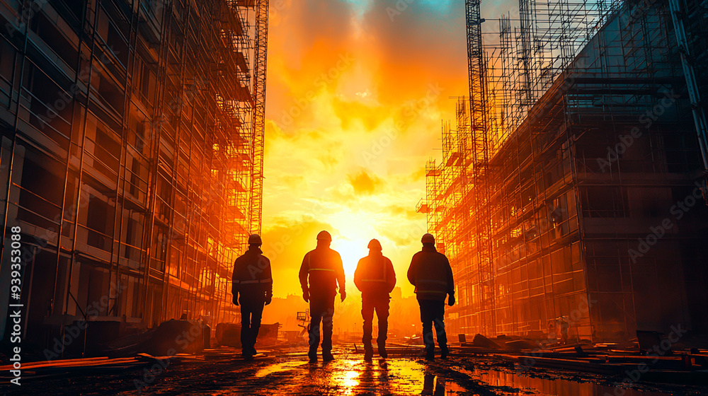Fototapeta premium Busy Construction Site with Workers Assembling Commercial Building, Scaffolding, and Framework