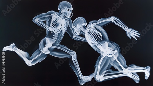 X-Ray of a Football Tackle: An x-ray image of two football players colliding in a tackle, highlighting the skeletal impact.
 photo