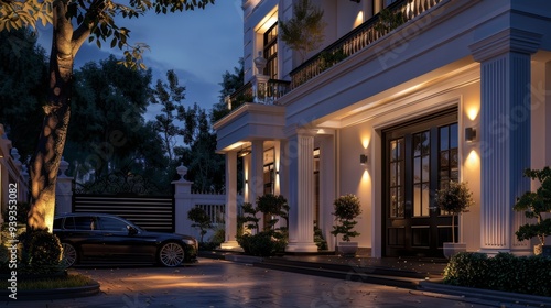 A night scene of a luxury mansion entrance featuring illuminated columns, grand black doors, and a sleek, high-end car parked in the elegant driveway. photo