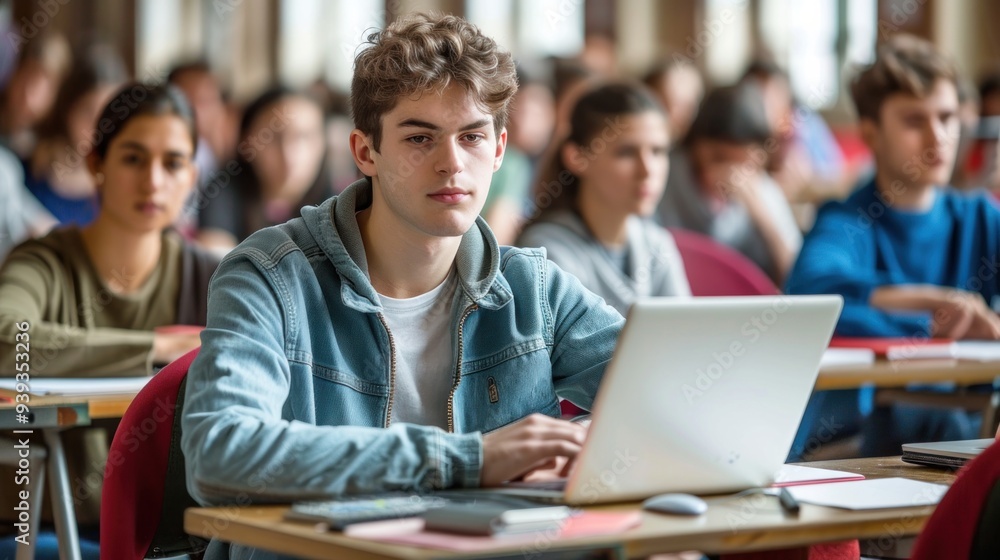 A college student working on a laptop during a lecture A college student working on a laptop during a lecture