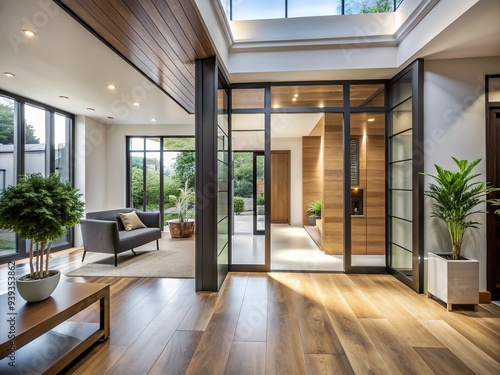 Modern interior design featuring a sleek entrance door with glass panels and adjacent wooden doors leading to a bright and airy living space.