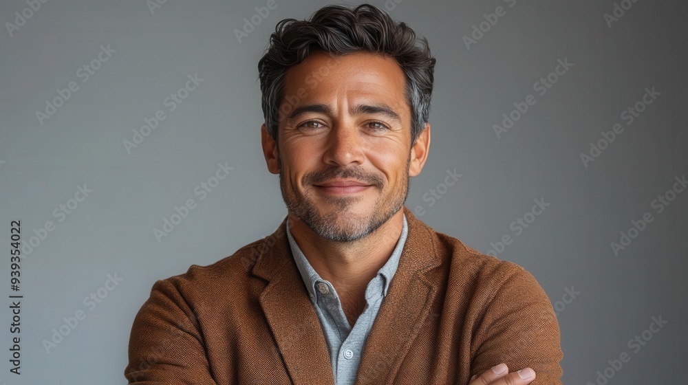 Obraz premium charismatic young man in smart casual attire confident pose with arms folded warm genuine smile studio portrait against clean white background