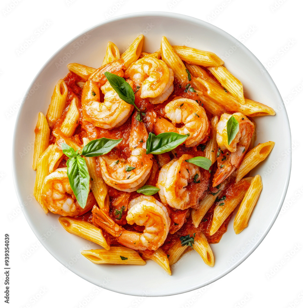 PNG Shrimp and penne pasta in tomato sauce with basil PNG Shrimp and penne pasta in tomato sauce with basil