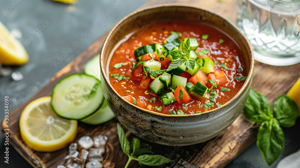 a bowl of chilled gazpacho, garnished with diced cucumbers and fresh herbs, served on a wooden board with a side of sparkling water and lemon slices a bowl of chilled gazpacho, garnished with diced cucumbers and fresh herbs, served on a wooden board with a side of sparkling water and lemon slices