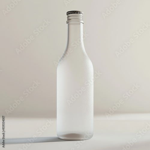 Closeup of a frosted glass bottle with a silver cap on a white background.