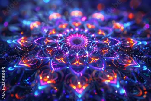 Abstract 3D neon mandala with intricate patterns and glowing details , created ai