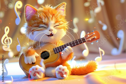 Delightful 3D cartoon cat playing the guitar, surrounded by musical notes, created by ai