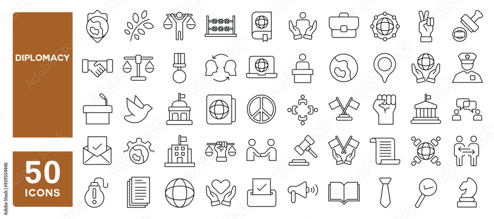Set of 50 line icons related to diplomacy, diplomat, summit, political, international relations, ambassador, negotiation, embassy, consulate, Editable stroke. Vector illustration Set of 50 line icons related to diplomacy, diplomat, summit, political, international relations, ambassador, negotiation, embassy, consulate, Editable stroke. Vector illustration